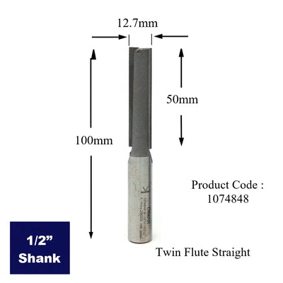 Straight Two Flute Worktop Router Cutter - 12.7mm Diameter x 50mm Depth of Cut - 1/2" Shank