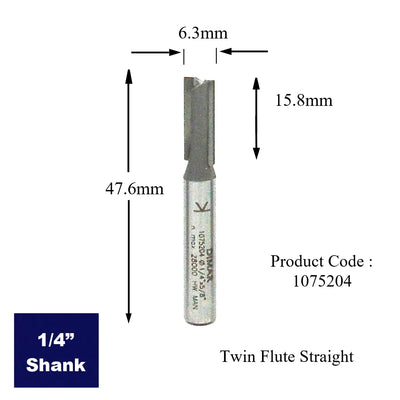 Straight Two Flute Cutter - 6.3mm Diameter x 16mm Depth of Cut - 1/4" Shank