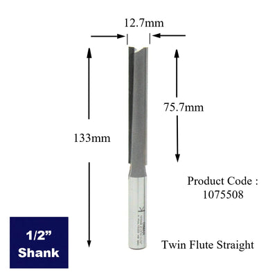 Straight Two Flute Cutter - 12.7mm Diameter x 75mm Depth of Cut - 1/2" Shank