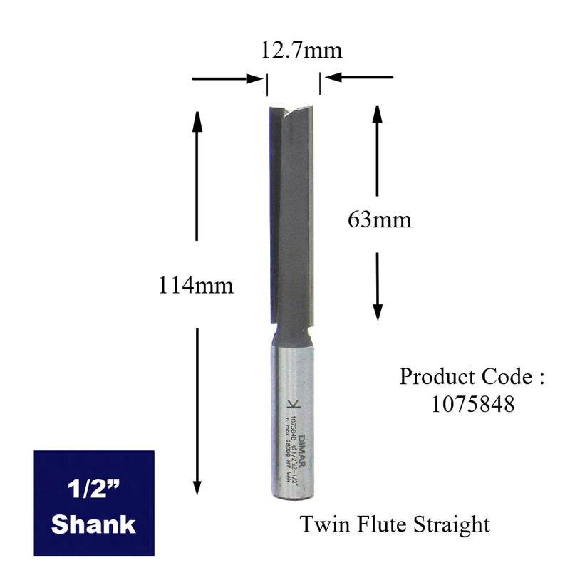 Straight Two Flute Worktop Cutter - 12.7mm Diameter x 63mm Depth of Cut - 1/2" Shank