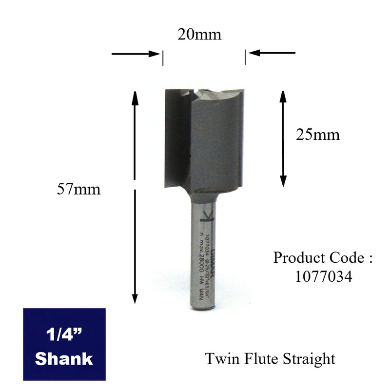 Two Flute Straight Cutter - 20mm Diameter x 25mm Depth of Cut - 1/4" Shank