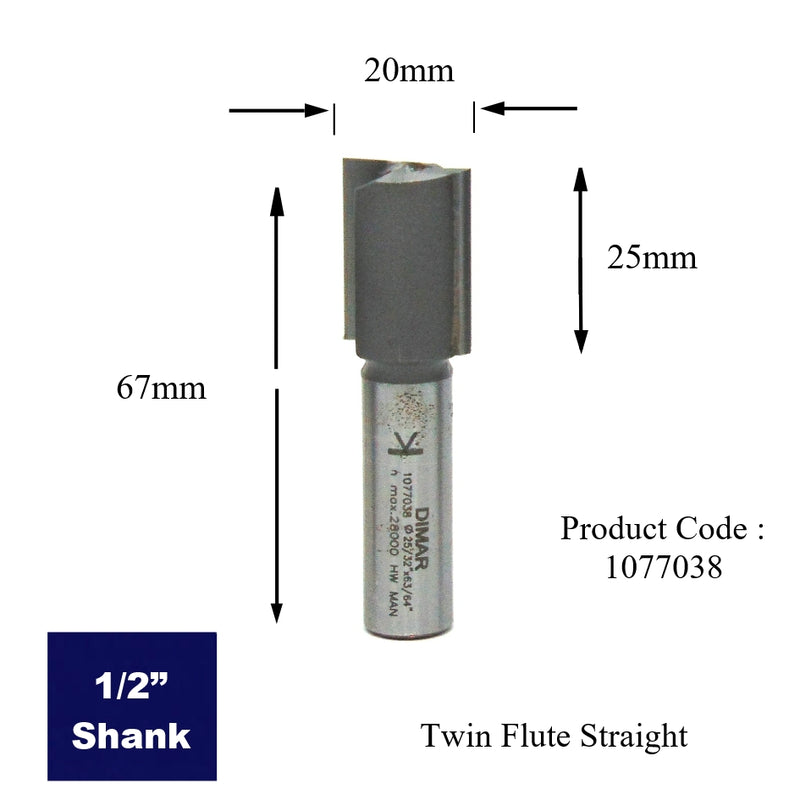 Straight Two Flute Cutter - 20mm Diameter x 20mm Depth of Cut - 1/2" Shank 1