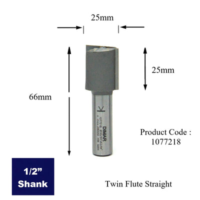 1/2" shank straight two flute cutter - 25mm diameter x 25mm cutting depth with plunge tip.