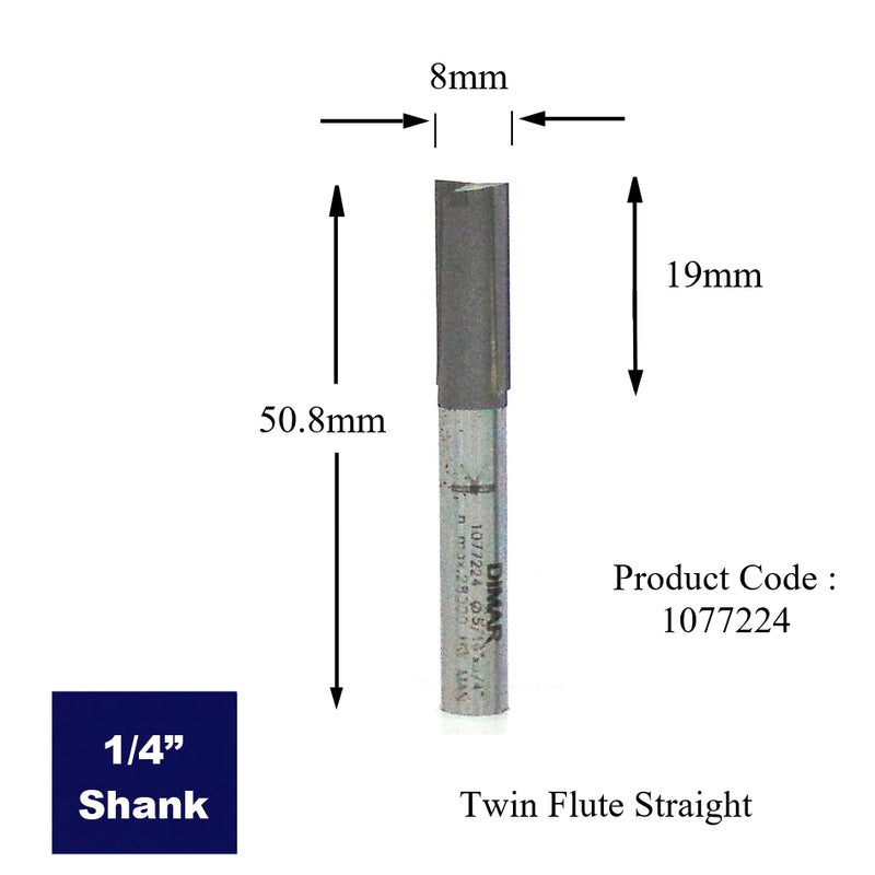 Straight Two Flute Cutter - 8mm Diameter x 19mm Depth of Cut - 1/4" Shank