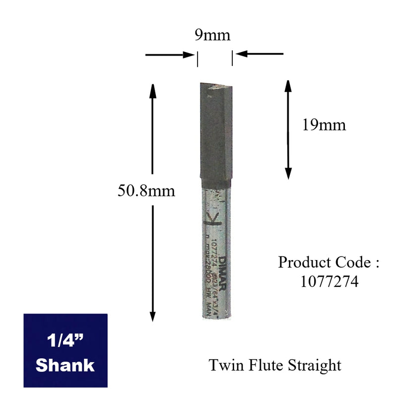 Straight Two Flute Cutter - 9mm Diameter x 19mm Depth of Cut - 1/4" Shank