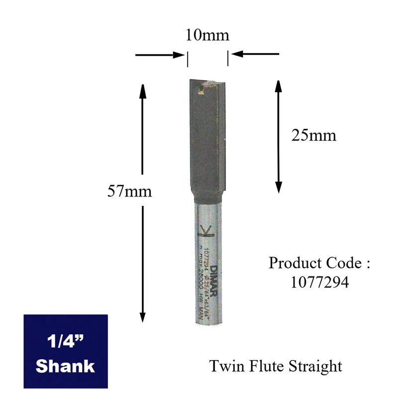 Two Flute Straight Cutter - 10mm Diameter x 20mm Depth of Cut - 1/4" Shank