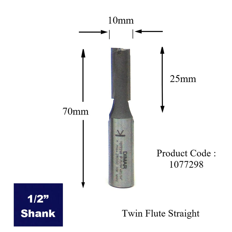 Straight Two Flute Cutter - 10mm Diameter x 20mm Depth of Cut - 1/2" Shank