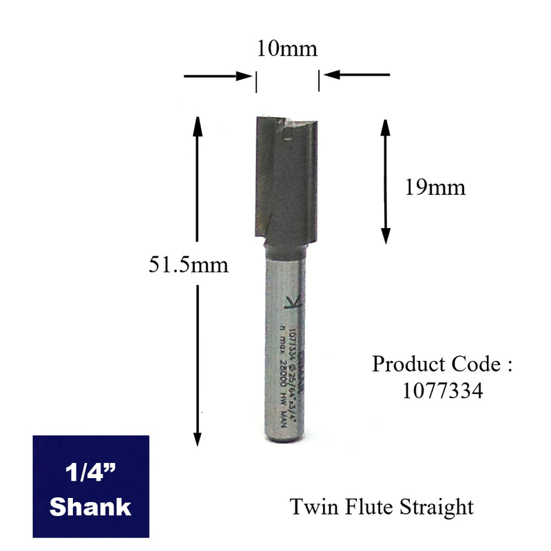 1/4" shank straight two flute cutter - 10mm diameter x 19mm cutting depth with plunge tip.