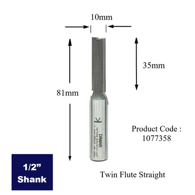 Straight Two Flute Cutter - 10mm Diameter x 35mm Depth of Cut - 1/2" Shank
