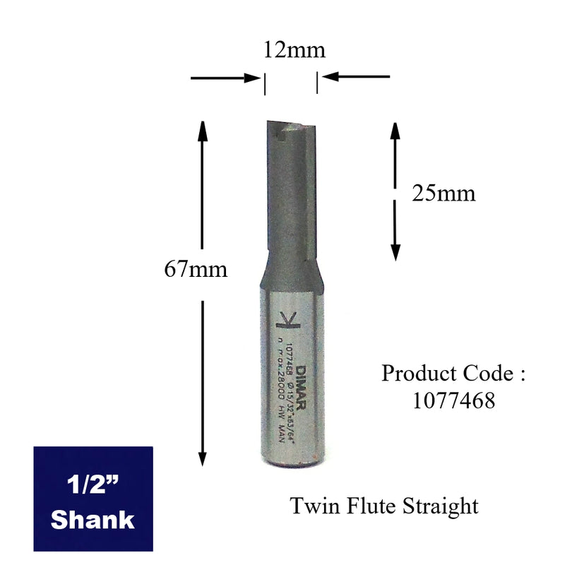 1/2" Shank Straight Two flute cutter 12mm diameter