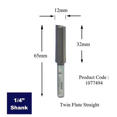 Double Flute Straight Cutter - 12mm Diameter x 32mm Cutting Depth - 1/4" Shank
