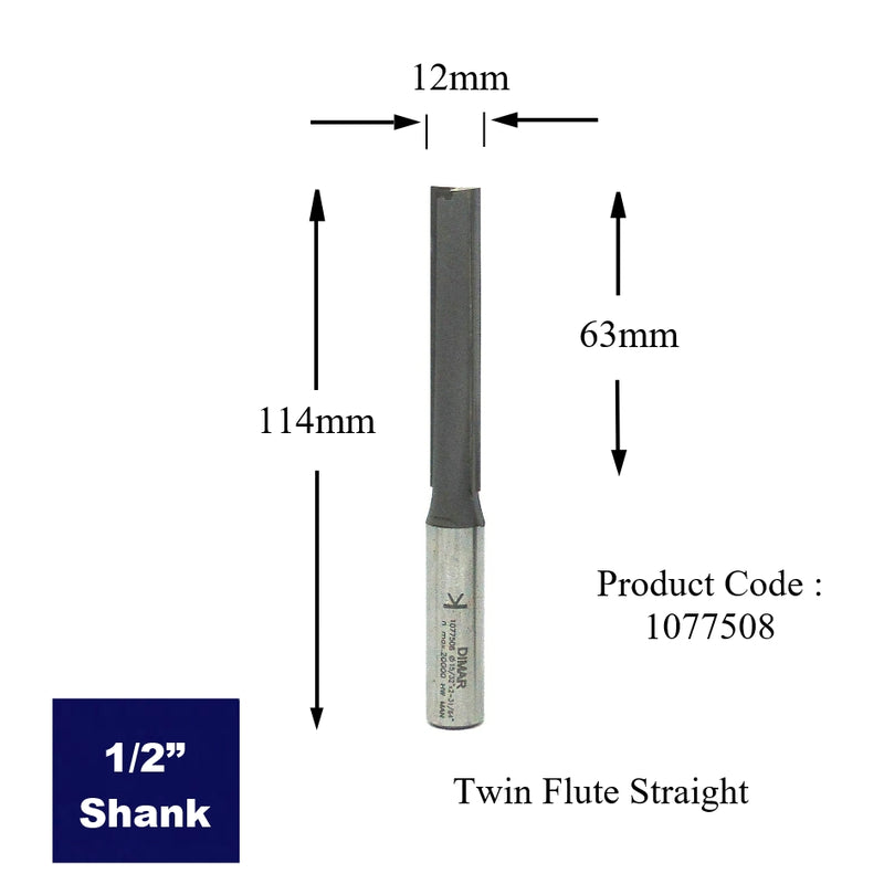 Straight Two Flute Cutter - 12mm Diameter x 63mm Depth of Cut - 1/2" Shank