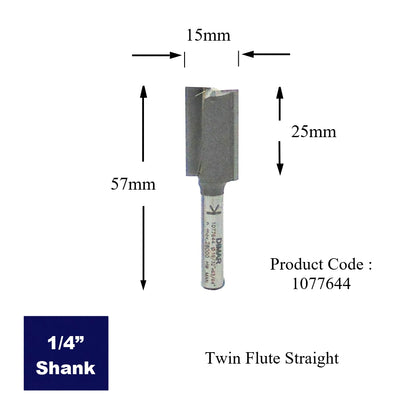 Straight Two Flute Cutter - 15mm Diameter x 25mm Depth of Cut - 1/4" Shank