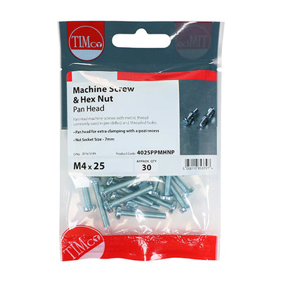 TIMco Machine Pan Head Screws & Hex Nut Silver - M5 x 30 - 15 Pieces