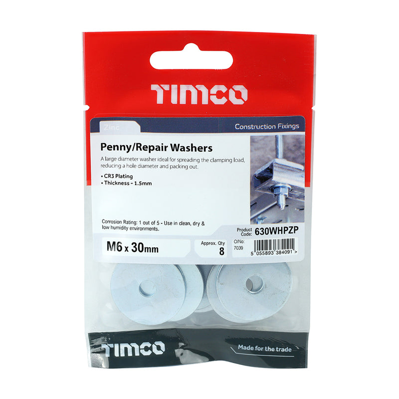 TIMco Penny / Repair Washers DIN9054 Silver - M6 x 30