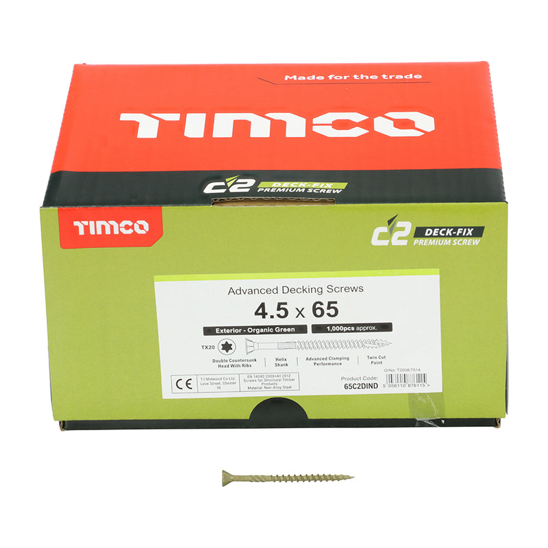 TIMco C2 Deck-Fix Premium Countersunk Green Decking Screws - 4.5 x 65 - 1000 Pieces