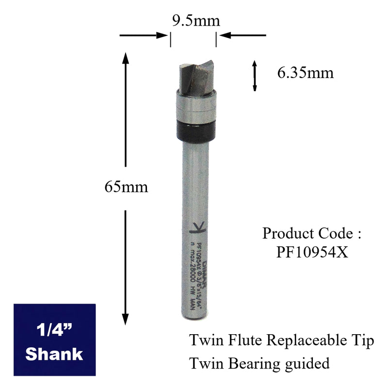 1/4" shank  guided profile cutter 9.5mm Diameter X 6.35mm depth of cut