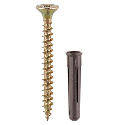 TIMco Brown Premium Plastic Plugs With Twin-Threaded Countersunk Silver Woodscrews - 35mm Brown Plug, 5.0x50 Screw