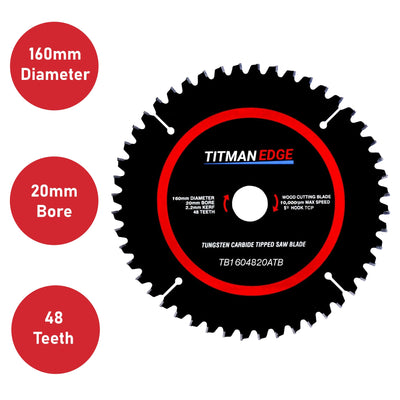 Titman Edge TCT Fine Finish Plunge Saw Blade 160mm x 20mm x 48 Tooth - TB1604820ATB