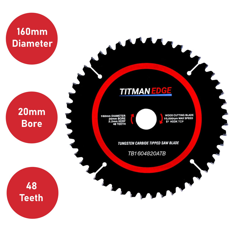 Titman Edge TCT Fine Finish Circular Saw Blade 160mm x 20mm x 48 Tooth - TB1604820