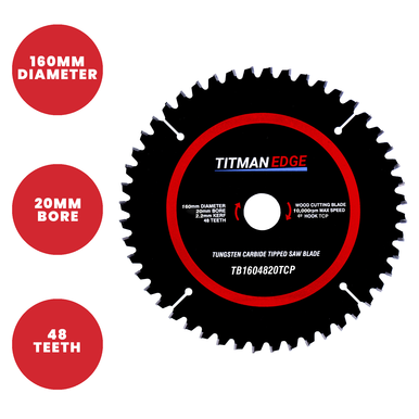 Titman Edge TCT Fine Finish Plunge Saw Blade 160mm x 20mm x 48 Tooth - TB1604820TCP