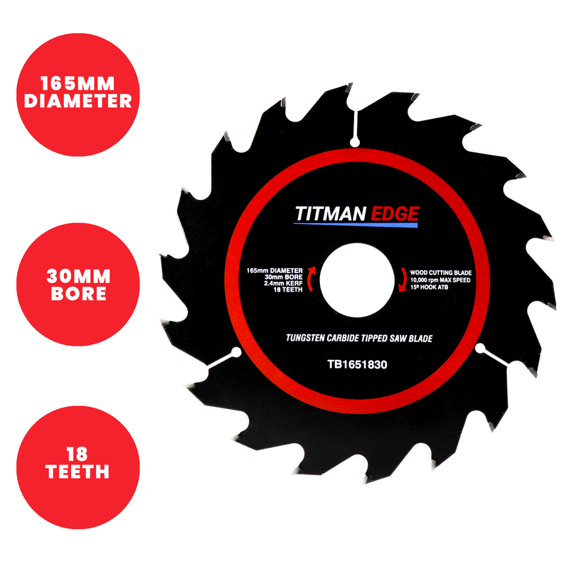 Titman Edge TCT Medium Finish Circular Saw Blade 165mm x 30mm x 18 Tooth - TB1651830