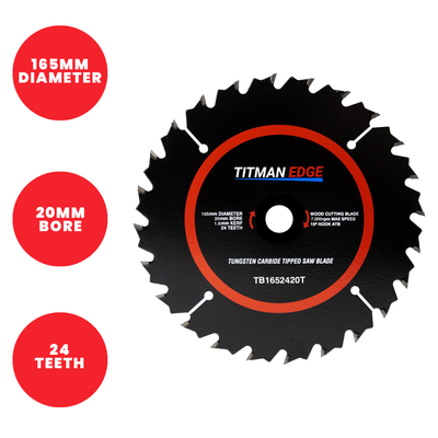 Titman Edge TCT Thin Kerf Circular Saw Blade 165mm x 20mm x 24 Tooth - TB1652420T