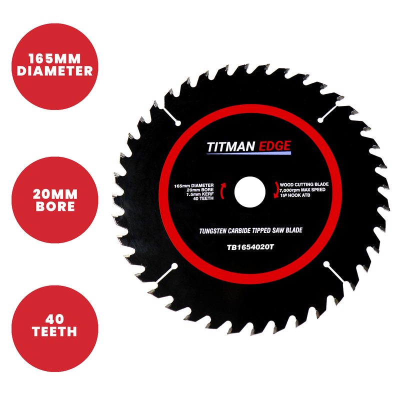 Titman Edge TCT Thin Kerf Fine Finish Circular Saw Blade 165mm x 20mm x 40 Tooth - TB1654020T