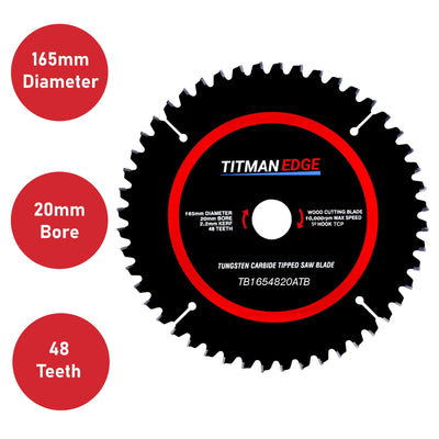 Titman Edge TCT Thin Kerf Fine Finish Circular Saw Blade 165mm x 20mm x 48 Tooth - TB1654820ATB