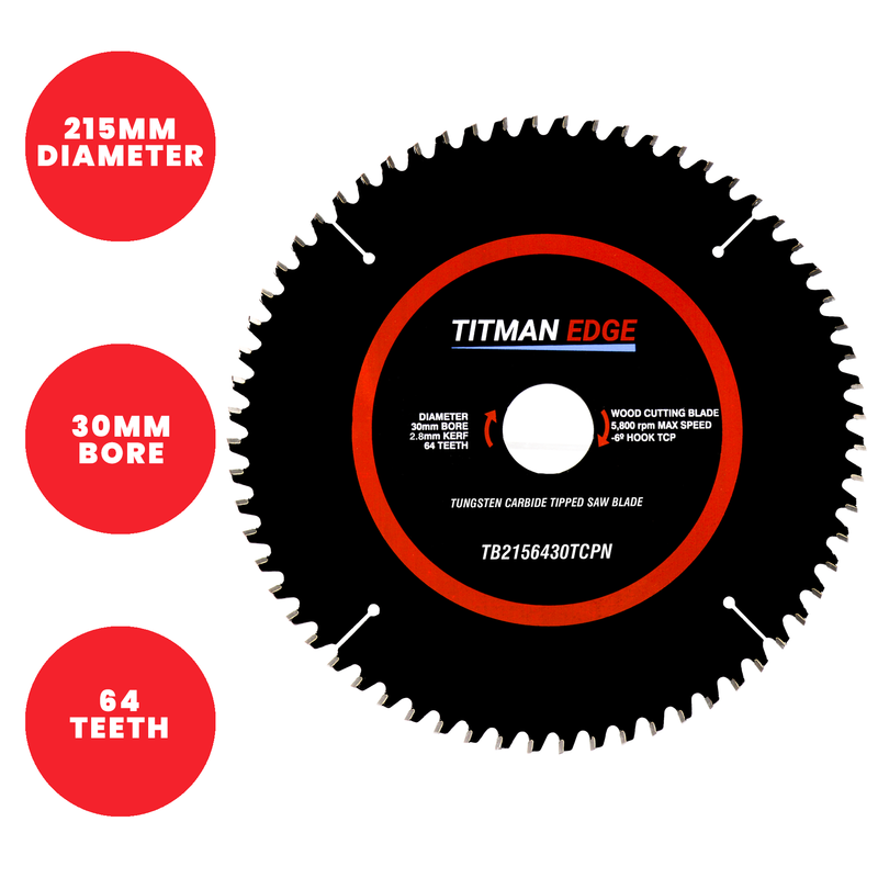 Titman Edge TCT Saw Blade 215mm x 30mm x 64 Tooth - TB2156430TCPN