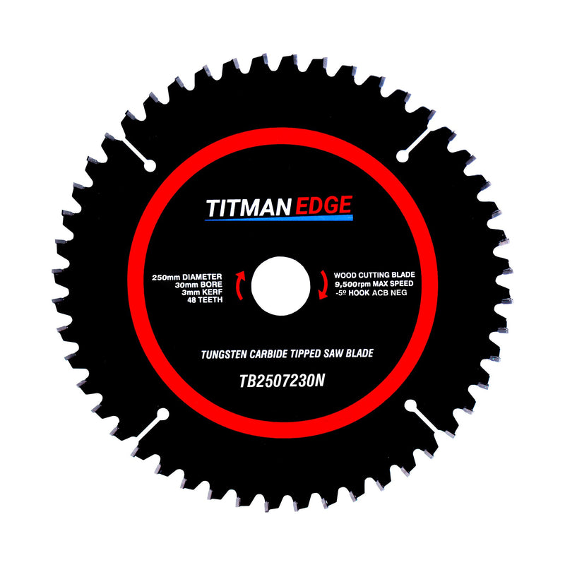 Titman Edge Tools TCT Extra Fine Finish Mitre Saw Crosscutting Saw Blade - 250mm x 30mm x 72 Tooth TCT - TB2507230N