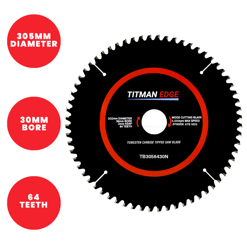 Titman Edge TCT Fine Finish Mitre Saw Crosscutting Saw Blade 305mm x 30mm x 64 Tooth - TB3056430N