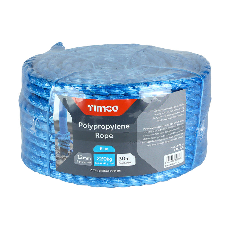 TIMco Blue Polypropylene Rope Coil - 12mm x 30m - 1 Piece