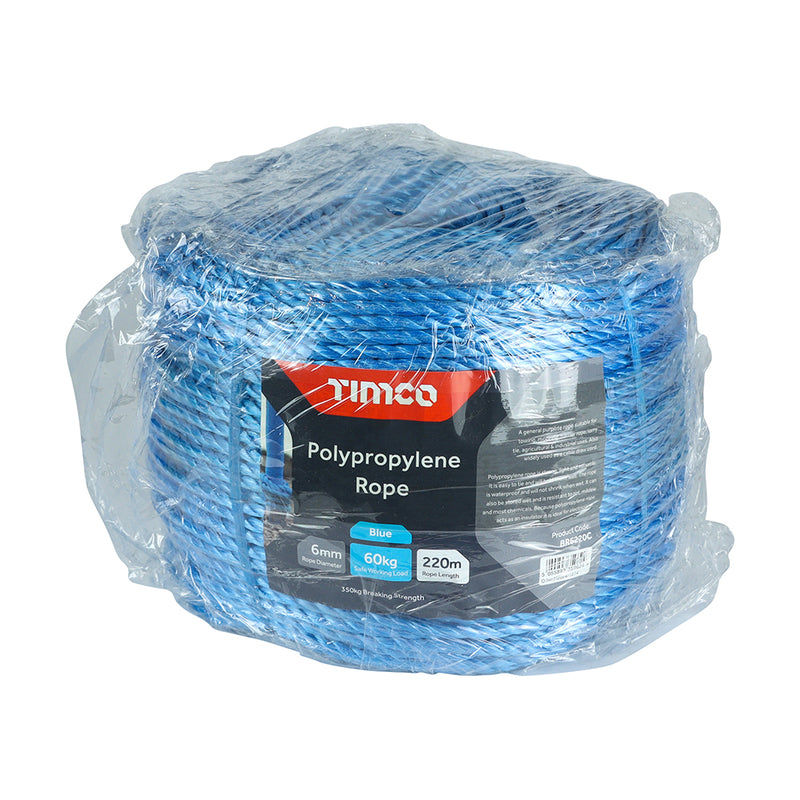 TIMco Blue Polypropylene Rope Long Coil - 6mm x 220m - 1 Piece