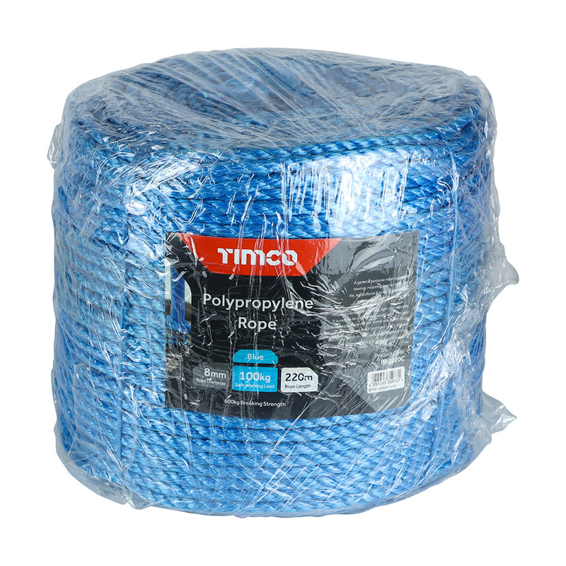 TIMco Blue Polypropylene Rope Long Coil - 8mm x 220m - 1 Piece