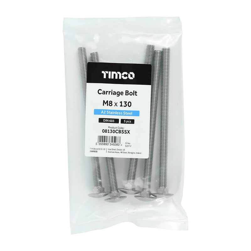 TIMco Carriage Bolts DIN603 A2 Stainless Steel - M8 x 40