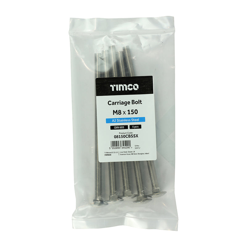 TIMco Carriage Bolts DIN603 A2 Stainless Steel - M8 x 150
