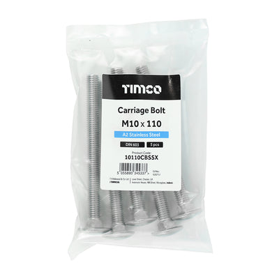 TIMco Carriage Bolts DIN603 A2 Stainless Steel - M10 x 110