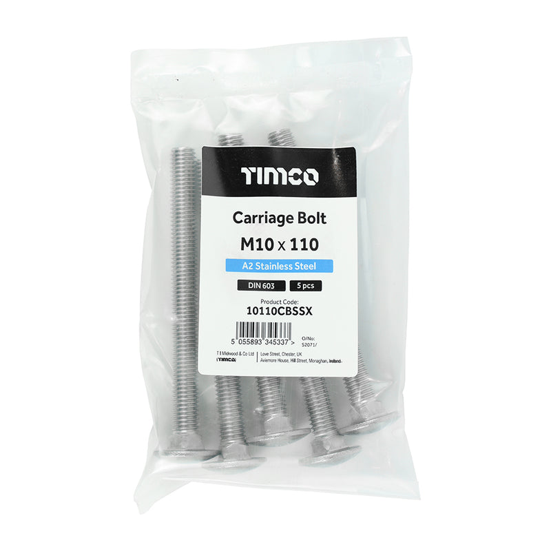 TIMco Carriage Bolts DIN603 A2 Stainless Steel - M10 x 110