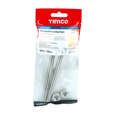 TIMco Carriage Bolts DIN603 & Hex Full Nut DIN934 A2 Stainless Steel - M10 x 120