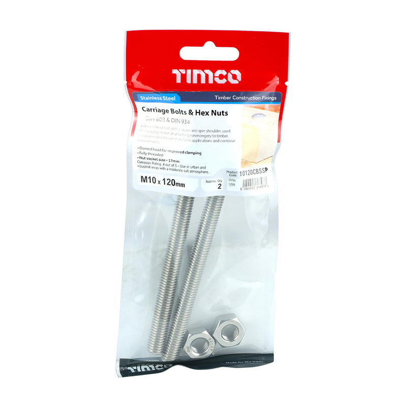 TIMco Carriage Bolts DIN603 & Hex Full Nut DIN934 A2 Stainless Steel - M10 x 120