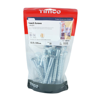 TIMco Coach Screws Hex Head Silver  - 12.0 x 100 - 20 Pieces