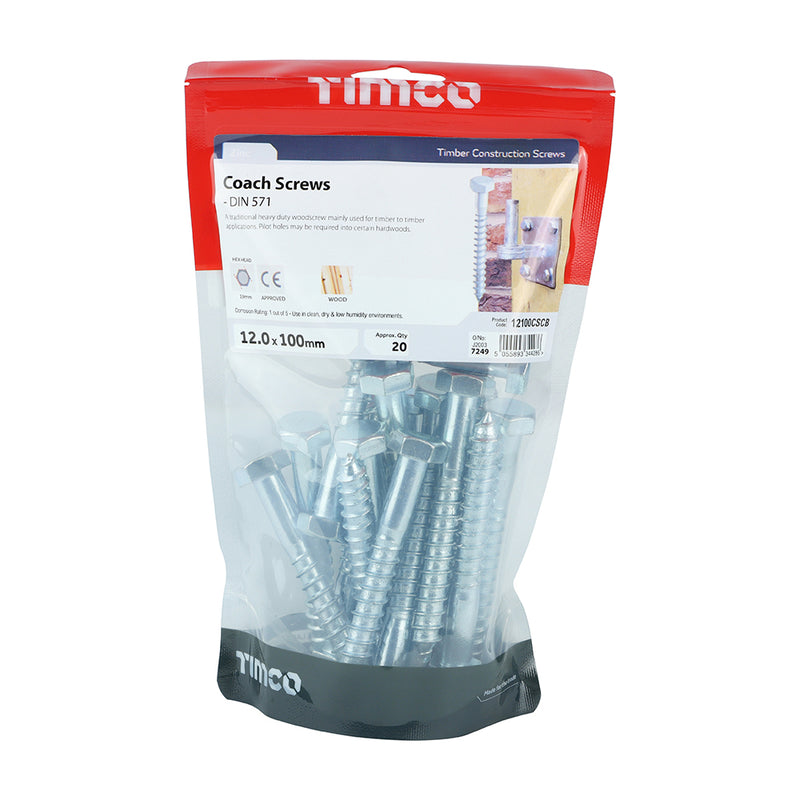 TIMco Coach Screws Hex Head Silver  - 12.0 x 100 - 20 Pieces