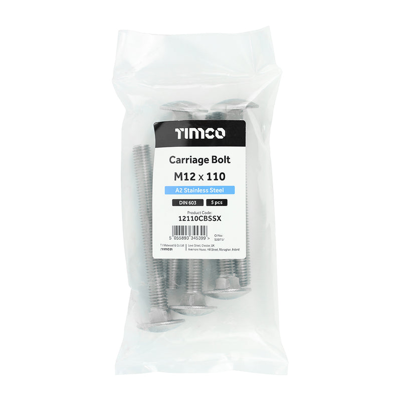 TIMco Carriage Bolts DIN603 A2 Stainless Steel - M12 x 110
