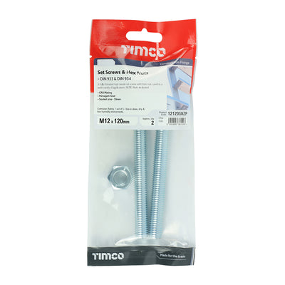 TIMco Set Screws DIN933 Grade 8.8 & Hex Nut DIN934 Silver - M12 x 120 - 2 Pieces