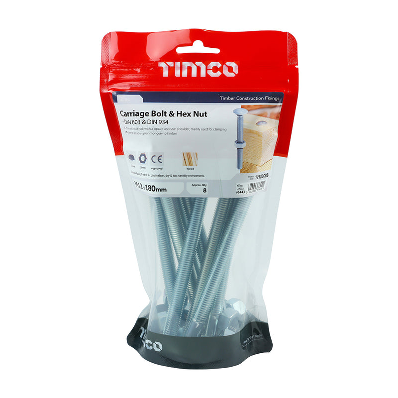 TIMco Carriage Bolts DIN603 & Hex Full Nut DIN934 Silver - M12 x 180 - 8 Pieces