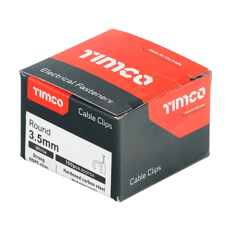 TIMco Round Cable Clips White - To fit 3.5mm