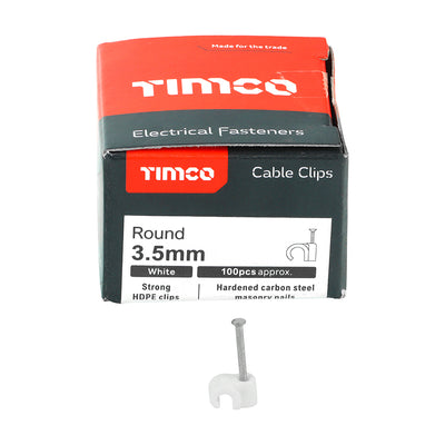 TIMco Round Cable Clips White - To fit 3.5mm