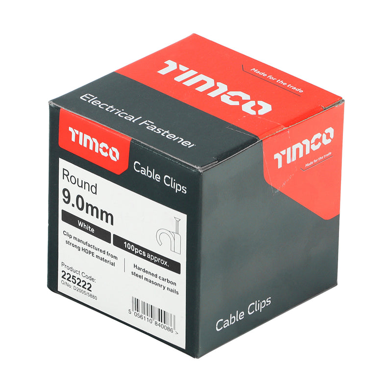 TIMco Round Cable Clips White - To fit 9.0mm