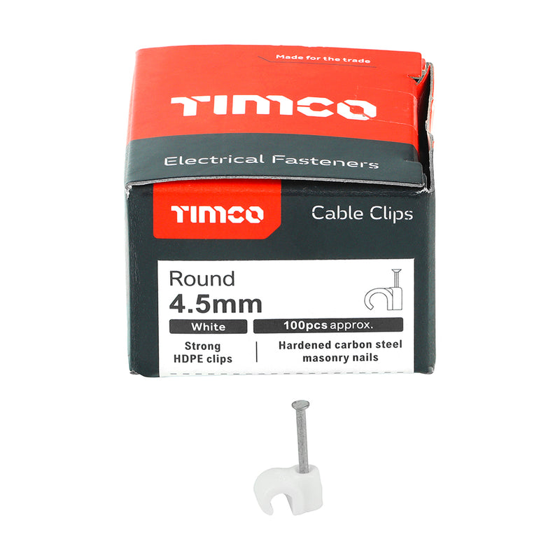 TIMco Round Cable Clips White - To fit 4.5mm